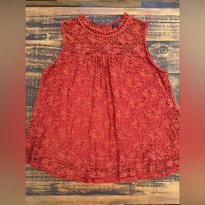 West Kei Orange Floral Lace Tank with Crochet Neck